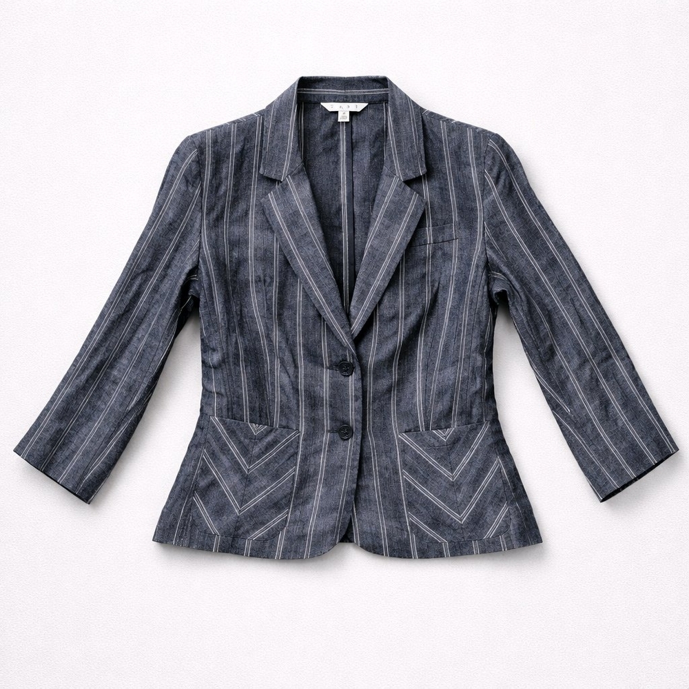 CAbi 100% Linen Pinstripe Nautical Theme Blazer Navy White Size 4